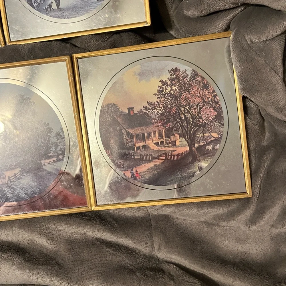 Vintage-Style Farmhouse Scene Wall Art - Set of 4 - Gold Frames